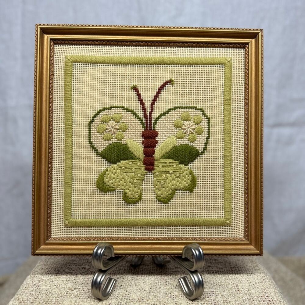 Vintage Framed Butterfly Needlepoint Art - Kansas City Needlepoint Tree